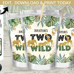 May include: Three printable juice pouch labels with a jungle theme. The labels feature a zebra print background, green leaves, and gold glitter accents. The text on the labels reads "Two Wild" and "Jonathan's".