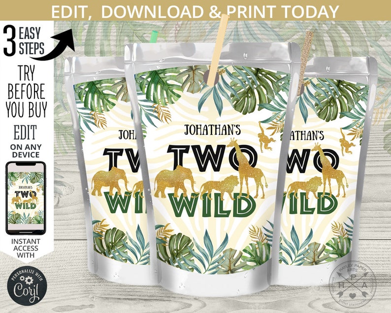 May include: Three printable juice pouch labels with a jungle theme. The labels feature a zebra print background, green leaves, and gold glitter accents. The text on the labels reads "Two Wild" and "Jonathan's".