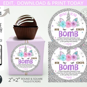 Unicorn hot chocolate bomb tag or sticker. Printable magical cocoa favor tags round silver glitter square 2x2 Editable template 303HPA 064 E image 2