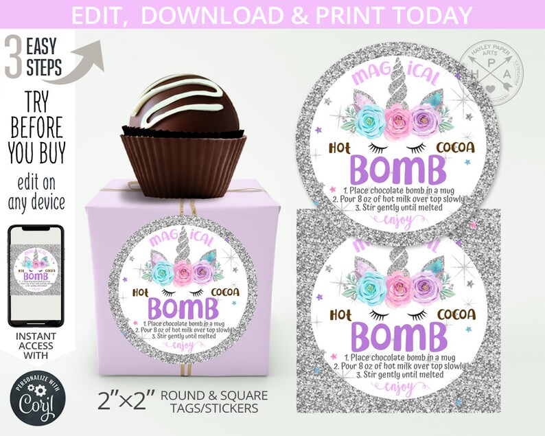 Unicorn hot chocolate bomb tag or sticker. Printable magical cocoa favor tags round silver glitter square 2x2 Editable template 303HPA 064 E image 2