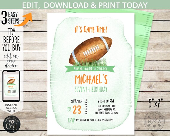Football birthday invitation all stars boy party american football play gridiron team sports ball game time. Editable printable. 216HPA 01 Il_570xn