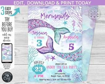 Mermaid birthday under the sea two girls sisters invitation purple teal aqua b-day mermaids bash party invite. Editable template. 060HPA 07