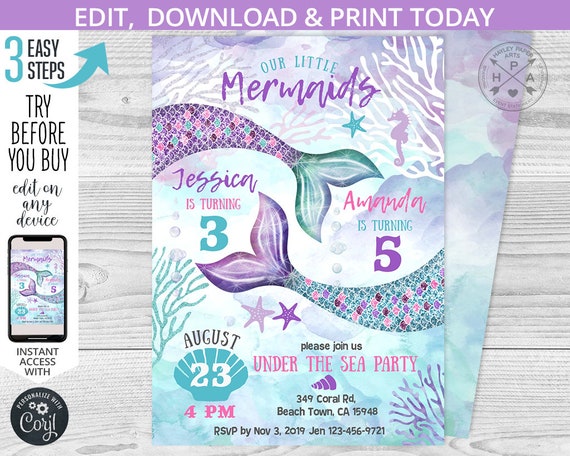 Mermaid birthday under the sea two girls sisters invitation purple teal aqua b-day mermaids bash party invite. Editable template. 060HPA 07 Il_570xn