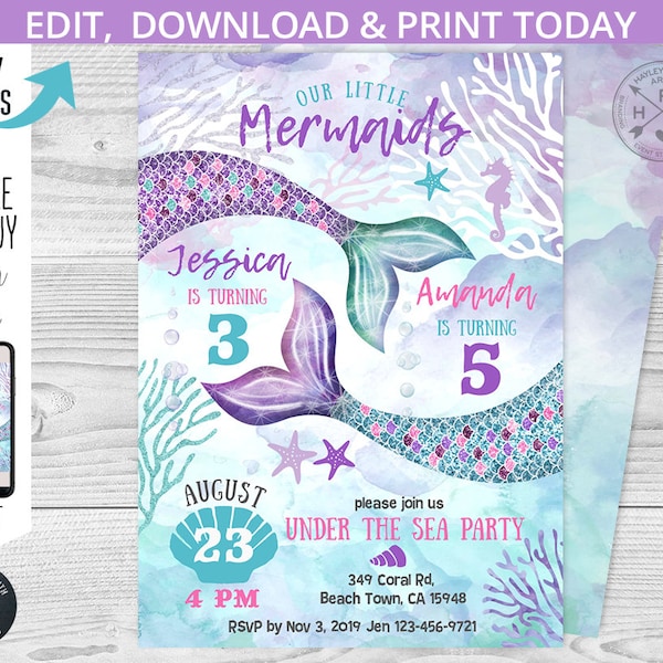 Mermaid birthday under the sea two girls sisters invitation purple teal aqua b-day mermaids bash party invite. Editable template. 060HPA 07