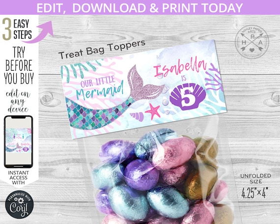 Mermaid treat bag topper label under the sea mermaids treats candy plastic zip bags toppers, birthday favors. Editable template. 060HPA 38 A Il_570xn