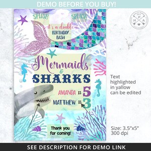 Mermaids and Sharks juice bag label, juice bag labels, under the sea, siblings any age joint birthday party editable template. 062HPA 18 image 3