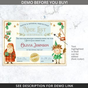 K&ouml;nnte beinhalten: Eine festliche Nice List-Urkunde im Vintage-Design. Die Urkunde zeigt Illustrationen von Santa Claus und einem Elf, zusammen mit dem Text "Santa's Official North Pole Nice List Certificate". Die Urkunde enth&auml;lt Platz f&uuml;r den Namen eines Kindes und das Datum.