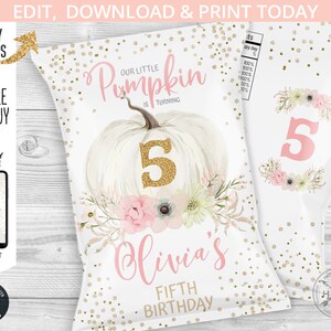 May include: White party favor bags with a pumpkin and floral design. The bags feature the text "Our Little Pumpkin is Turning 5" and "Olivia's Fifth Birthday". Gold confetti dots the background. The design includes the text "Edit, Download & Print Today".