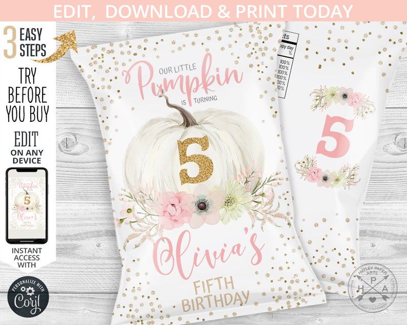 May include: White party favor bags with a pumpkin and floral design. The bags feature the text "Our Little Pumpkin is Turning 5" and "Olivia's Fifth Birthday". Gold confetti dots the background. The design includes the text "Edit, Download & Print Today".