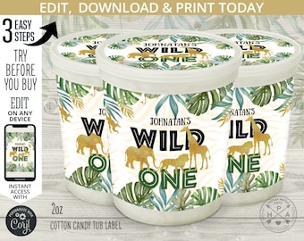 Jungle cotton candy tub label Wild One, plastic container, gold safari animals labels, first 1st birthday party online template. 040HPA 26 A