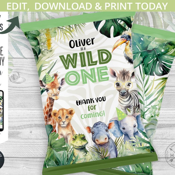 Jungle wild ONE safari chip bag, treats bags, safari animals chip bag, party animals favors, first birthday. Editable printable. 241HPA 30 B