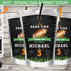 Football juice bag label, sports juice pouch sticker, any age birthday rookie ball games party decoration. Editable download. 217HPA 31 C