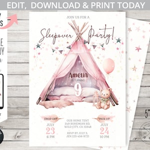 Sleepover Party Einladung, Zelt T-Shirt Pipi Schlummer rosa Pastell Boho Teddybär jeden Alters Boho einladen. Bearbeitbar druckbar. 238HPA 02