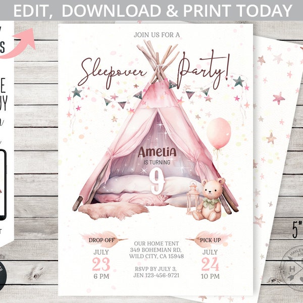 Sleepover party invitation, tent tee pee slumber pink pastel bohemian teddy bear any age boho invite. Editable printable. 238HPA 02