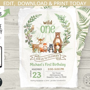 Woodland animals birthday invitation, wild one boy forest animals, ferns animal party invitations. Printable editable template. 092HPA 03