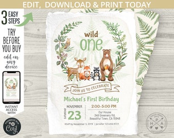 Woodland animals birthday invitation, wild one boy forest animals, ferns animal party invitations. Printable editable template. 092HPA 03