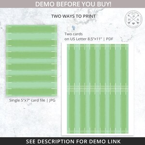 Peut inclure: Deux fa&ccedil;ons d'imprimer un motif de carte &agrave; rayures vertes et blanches. La premi&egrave;re option est un fichier de carte unique de 5x7 pouces au format JPG. La deuxi&egrave;me option est deux cartes sur une feuille de format US Letter de 8,5x11 pouces au format PDF.
