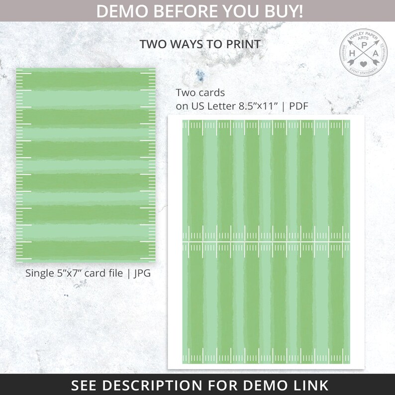 Peut inclure: Deux fa&ccedil;ons d'imprimer un motif de carte &agrave; rayures vertes et blanches. La premi&egrave;re option est un fichier de carte unique de 5x7 pouces au format JPG. La deuxi&egrave;me option est deux cartes sur une feuille de format US Letter de 8,5x11 pouces au format PDF.