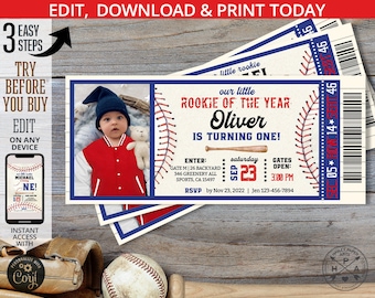 Baseball ticket invitation first birthday ONE navy blue red boy party invite rookie of year sports ball game. Editable design. 191HPA 44 D