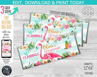 May include: Printable chocolate bar wrappers featuring a pink flamingo with the text "Let's Flamingle" and "Olivia's Fifth Birthday". The wrappers have a tropical theme with green leaves, pink flowers, and a pineapple.