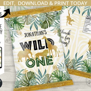 EDITABLE Jungle wild one chip bag, snacks treats bags, safari animals chip bag, chips pouch, favors, first birthday party. 040HPA 30 F