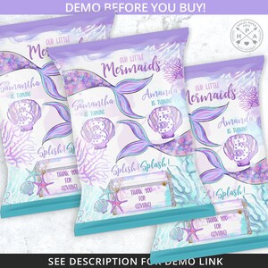 Mermaids twins chips bag, purple teal favor treats bags, chip wrapper, under the sea any age birthday party. Editable printable. 198HPA 30 D image 4