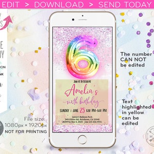 May include: A digital invitation for a sixth birthday party. The invitation features a rainbow-colored balloon shaped like the number six, with glitter and confetti in the background. The text on the invitation reads "Join us to celebrate Amelia's sixth birthday" and includes the date, time, and location of the party.
