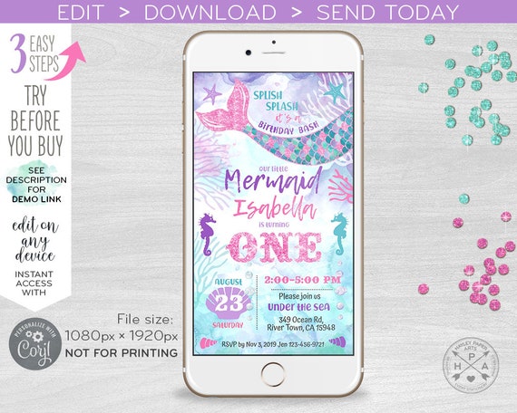 Mermaid ONE any age electronic birthday under sea invitation smartphone e-vite pink glitter digital invite Instant download. E060 25 060HPA Il_570xn