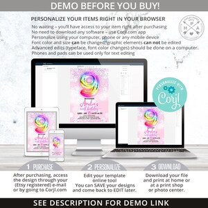 May include: A digital invitation template for a 9th birthday party. The invitation features a rainbow number nine with glitter and a pink background. The text on the invitation reads "Amelia's 9th Birthday".