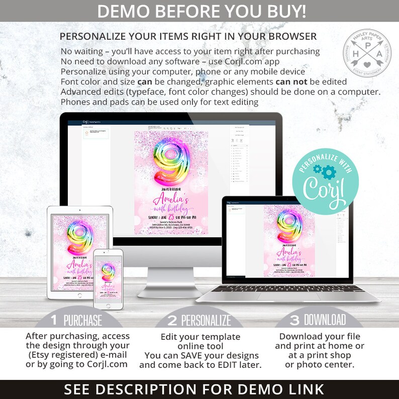 May include: A digital invitation template for a 9th birthday party. The invitation features a rainbow number nine with glitter and a pink background. The text on the invitation reads "Amelia's 9th Birthday".