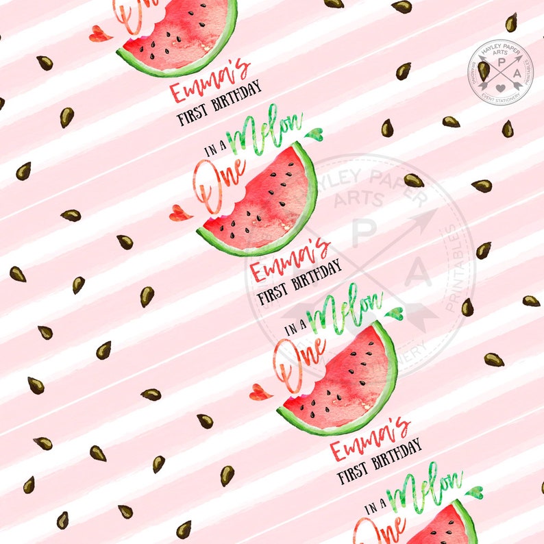 May include: Watermelon-themed first birthday party invitation with pink and white stripes, watermelon slices, and the text "Emma's First Birthday In A One Melon".
