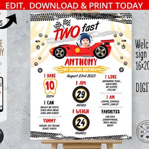 Könnte beinhalten: Ein rotes, weißes und schwarzes Willkommens-Schild für eine zweite Geburtstagsfeier. Das Schild zeigt ein Cartoon-Rennwagen mit einem Jungen am Steuer. Das Schild enthält den Namen des Kindes, Anthony, und Details zu seinem Alter, seiner Größe und seinem Gewicht. Das Schild enthält auch eine Liste der Dinge, die das Kind liebt und kann.