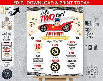 Race car TWO fast stats milestone 2nd birthday sign. Second speed racing wheels board chalkboard poster. Editable printable. 197HPA 08 C