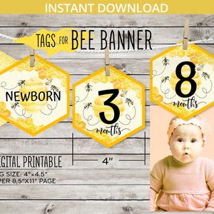 May include: Printable bee-themed baby milestone banner with yellow hexagonal tags featuring a honeycomb pattern and black text. The tags say "Newborn", "3 months", and "8 months".