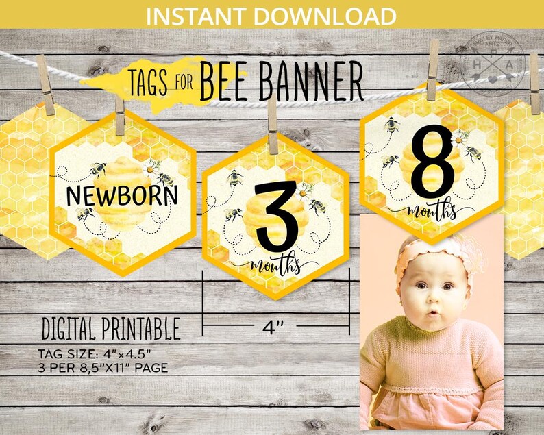 May include: Printable bee-themed baby milestone banner with yellow hexagonal tags featuring a honeycomb pattern and black text. The tags say "Newborn", "3 months", and "8 months".