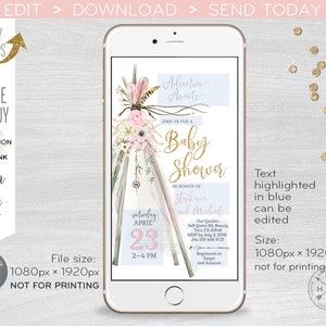 May include: A digital invitation for a baby shower with a teepee design and floral accents. The text reads "Adventure Awaits" and "Join us for a Baby Shower". The date is Saturday, April 23rd, from 2-4 PM. The invitation is for Stephance and Michal.