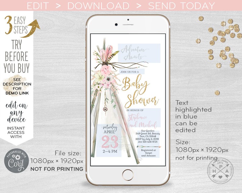 May include: A digital invitation for a baby shower with a teepee design and floral accents. The text reads "Adventure Awaits" and "Join us for a Baby Shower". The date is Saturday, April 23rd, from 2-4 PM. The invitation is for Stephance and Michal.