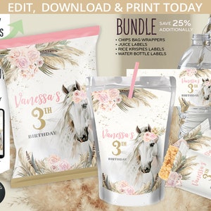 BUNDLE Horse cow girl saddle up chips bag, juice bags, rice krispies wrappers, bottle labels, birthday pack. Editable printables. 176HPA 33