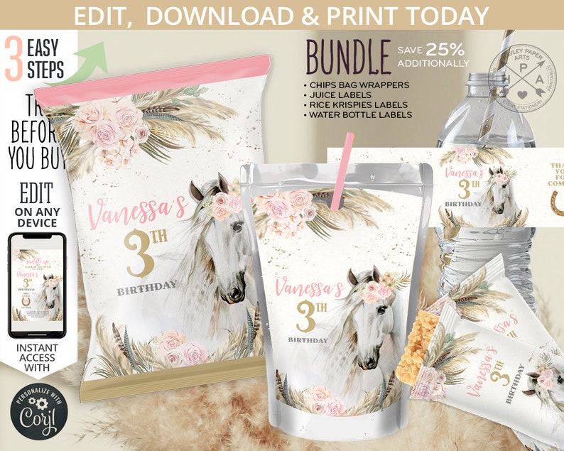 May include: A printable party favour bundle for a 3rd birthday party with a boho horse theme. The bundle includes labels for crisps bags, juice boxes, rice krispies treats, and water bottles. The labels feature a watercolour illustration of a horse with a floral crown and a gold glitter background.