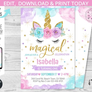Invito magico per il primo compleanno di un unicorno, 4x6, viola, rosa, glitter oro, per una festa magica. Modello modificabile 046HPA 01