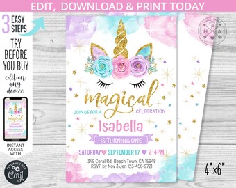 May include: A printable invitation for a first birthday party with a unicorn theme. The invitation features a watercolor background in shades of pink, purple, and blue, with a gold glitter unicorn head and flowers. The text reads "Magical Celebration" and "Isabella is turning one". The date and time of the party are listed as "Saturday, September 17, 2-4 PM". The invitation is 4 inches by 6 inches.
