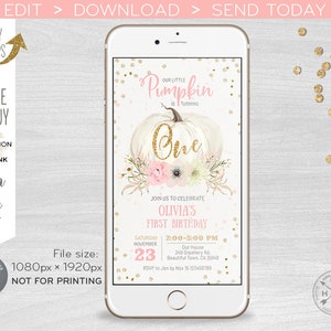 Little pumpkin electronic first birthday fall invitation blush pink smartphone e-vite, digital invite. Selfediting template. E083 01 083HPA