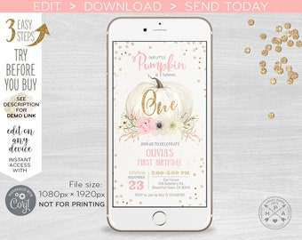 Little pumpkin electronic first birthday fall invitation blush pink smartphone e-vite, digital invite. Selfediting template. E083 01 083HPA