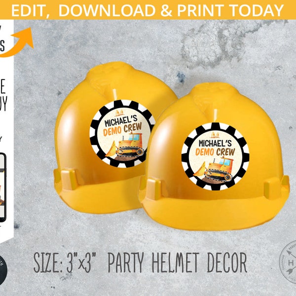 Construction helmet demo crew 3x3 label, personalized sticker. Truck traffic digger road birthday printables. Editable design. 180HPA 24 A