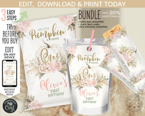 BUNDLE Pampas grass pumpkin ONE chips and juice bag, rice krispies label, fall party favors, first or any age. Editable template. 171HPA 43 Il_570xn