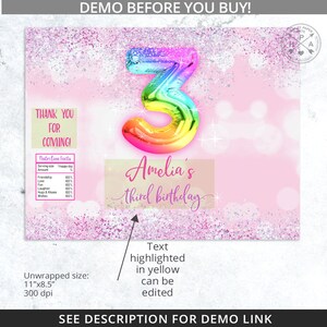May include: A printable party sign with a rainbow number 3 balloon, pink glitter background, and the text "Amelia's third birthday". The text "Thank you for coming!" is also included. The sign is 11 inches by 8.5 inches and 300 dpi.