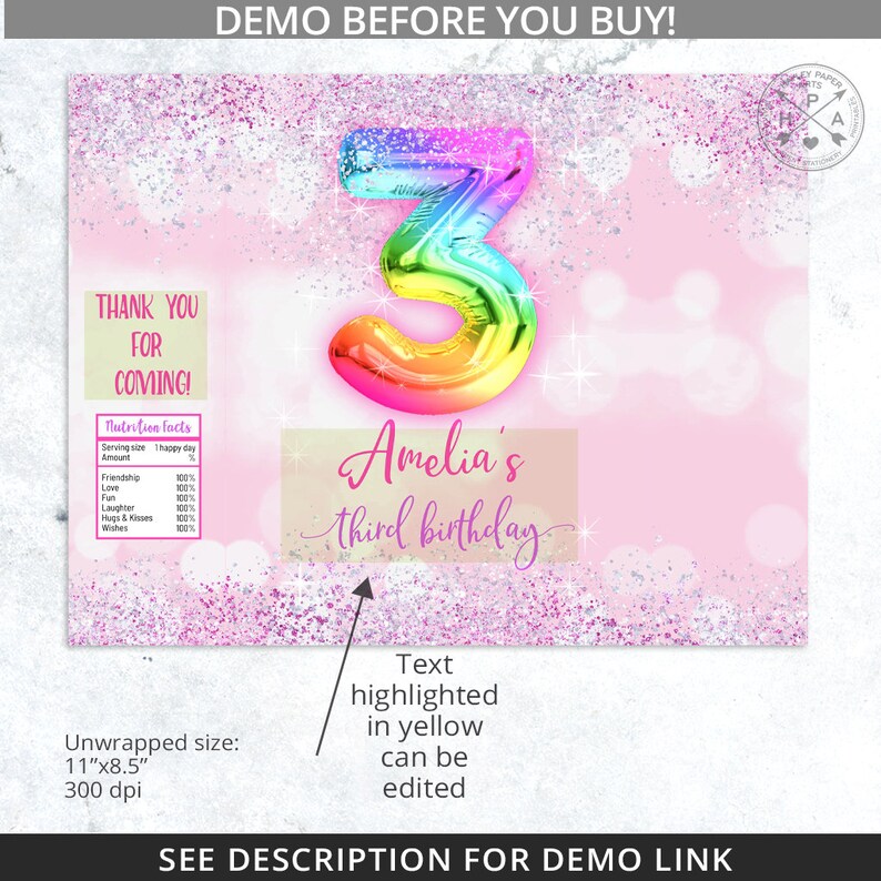 May include: A printable party sign with a rainbow number 3 balloon, pink glitter background, and the text "Amelia's third birthday". The text "Thank you for coming!" is also included. The sign is 11 inches by 8.5 inches and 300 dpi.