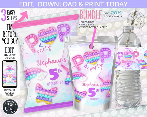 BUNDLE Pop it chips bag wrapper, juice bag sticker, water bottle label, fidget toys party favors birthday. Editable template. 175HPA 42 Il_570xn