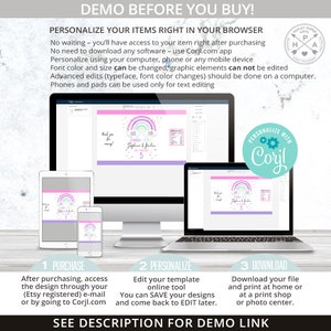 May include: A digital screen showing a customizable rainbow-themed printable design for a birthday party. The design features a rainbow, clouds, and the text "Rainbow Fun" and "Stephanie & Julian are turning 5". The screen is surrounded by instructions on how to purchase, personalize, and download the design.