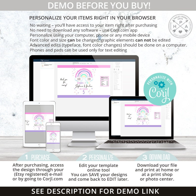 May include: A digital screen showing a customizable rainbow-themed printable design for a birthday party. The design features a rainbow, clouds, and the text "Rainbow Fun" and "Stephanie & Julian are turning 5". The screen is surrounded by instructions on how to purchase, personalize, and download the design.